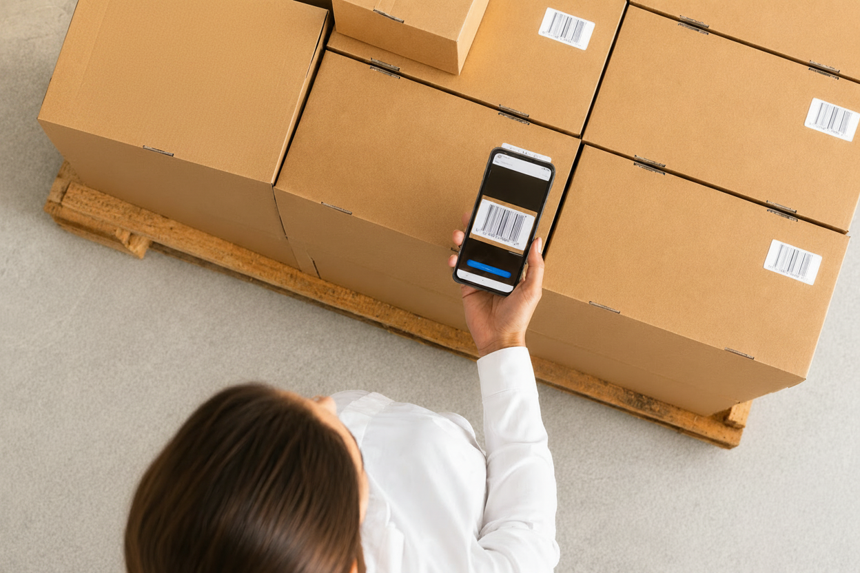 Woman scanning barcode on shipping boxes